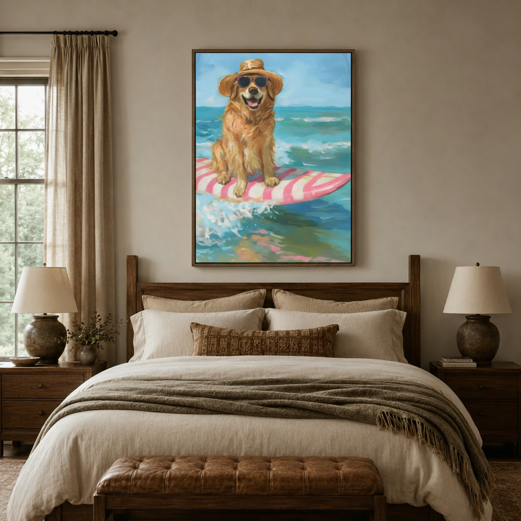 Golden retriever beach canvas print in framed style above bed in cozy neutral bedroom setting