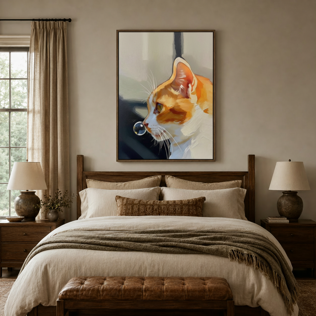 Painterly orange cat canvas wall art displayed above bed in a cozy neutral bedroom