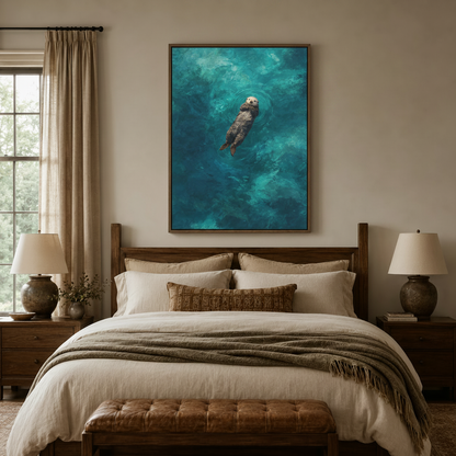 Serene sea otter canvas print above bed in cozy neutral bedroom with warm wood tones