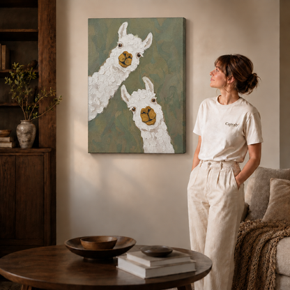 Whimsical alpaca artwork on a gallery-wrapped canvas beside dark shelving, a round table, and standing woman.