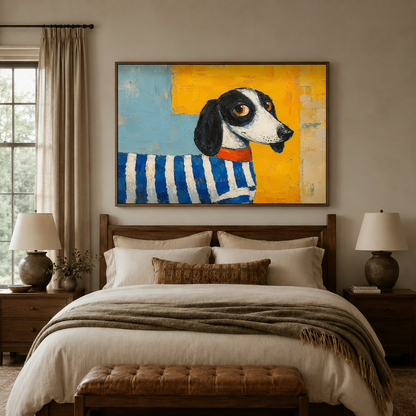 Playful dachshund portrait canvas hung as bedroom wall art above a headboard