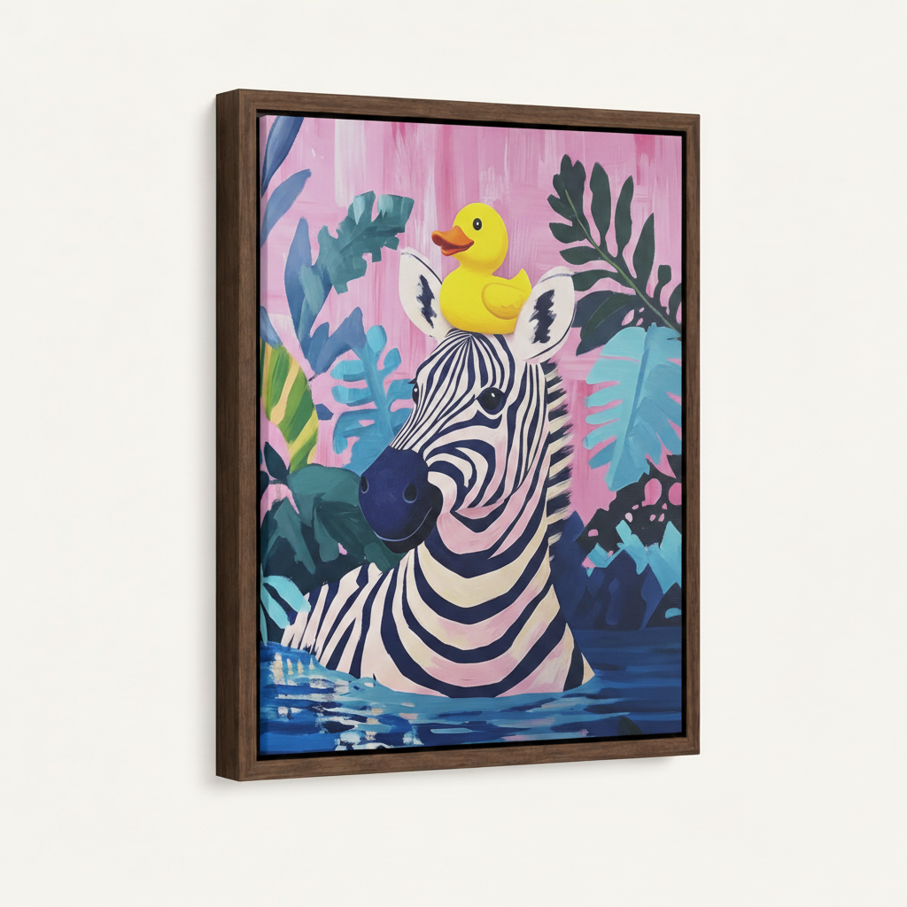 Framed zebra rubber duck wall art in dark walnut float frame, angled product view