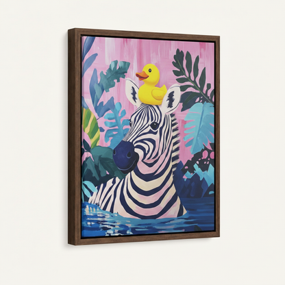 Framed zebra rubber duck wall art in dark walnut float frame, angled product view