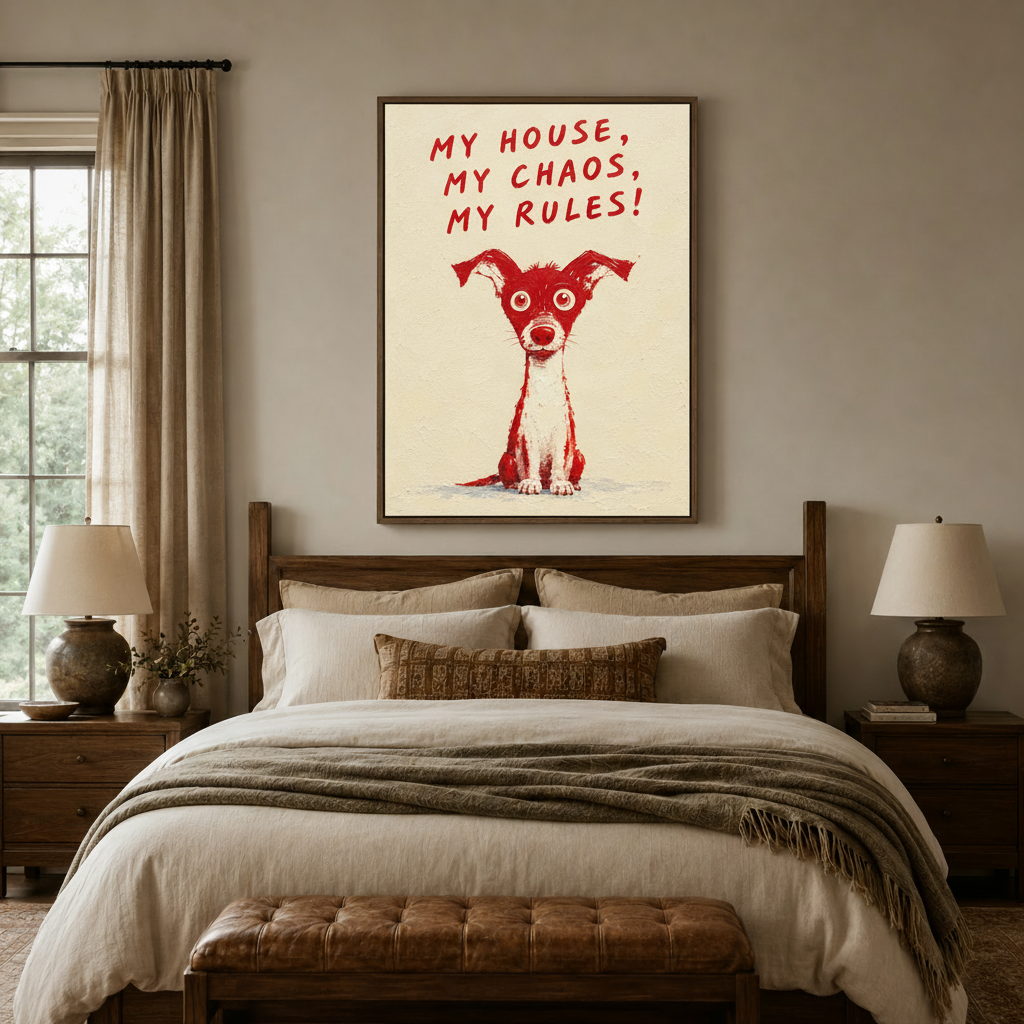 Bold red dog impasto wall art framed above rustic wooden bed in warm neutral bedroom