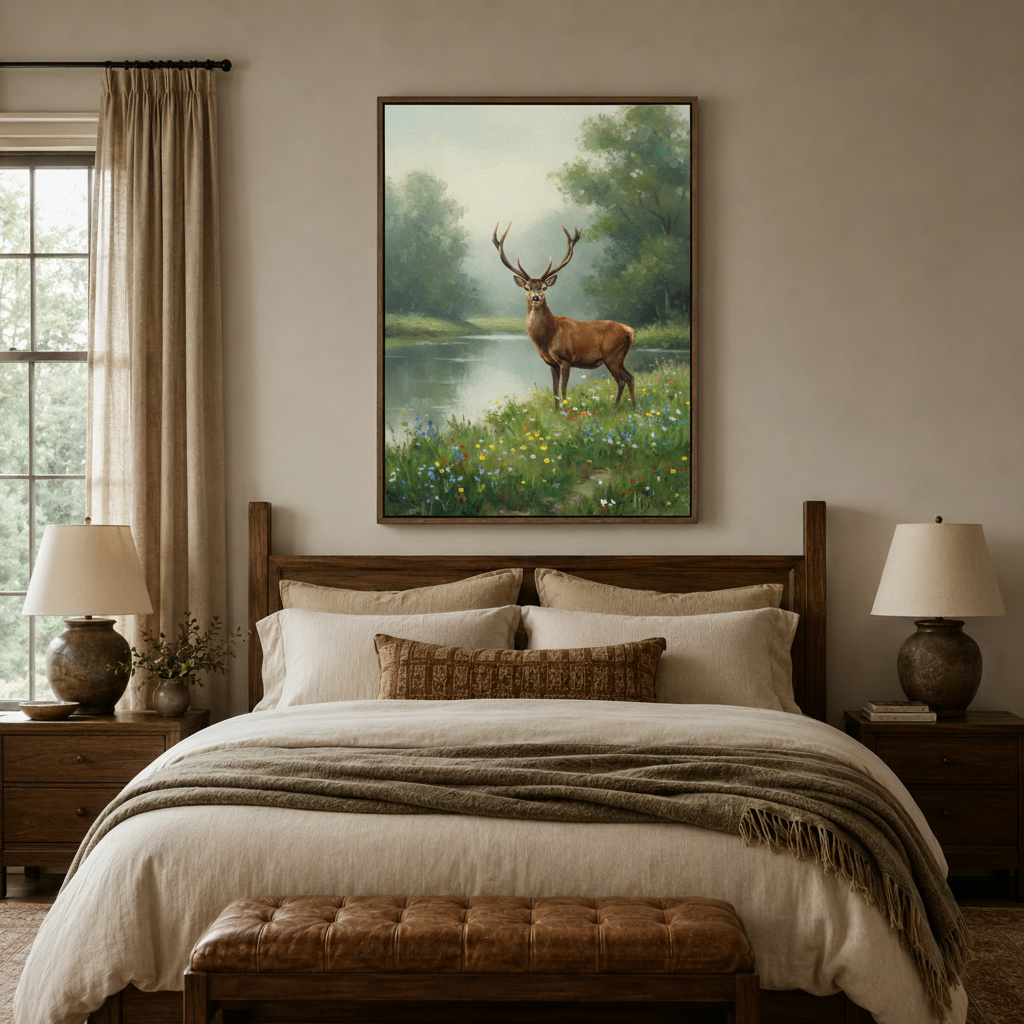 Majestic stag wildflower landscape oil painting canvas art in dark walnut frame above linen bed in bedroom