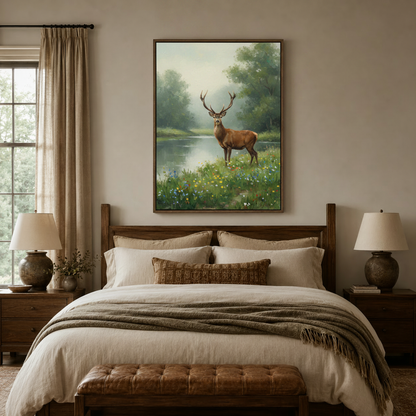 Majestic stag wildflower landscape oil painting canvas art in dark walnut frame above linen bed in bedroom