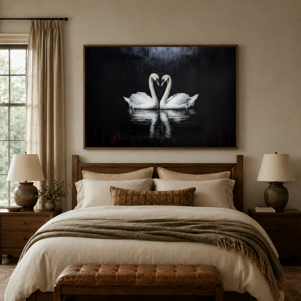 Romantic swan heart painting in float frame above bed in cozy bedroom interior