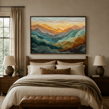 Abstract mountain sunset oil painting in dark walnut float frame centered above bed in neutral bedroom