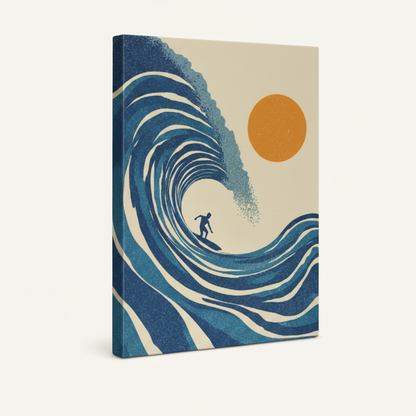 Gallery-wrapped surfer wave canvas with orange sun, thick wrap edges visible, minimal white background