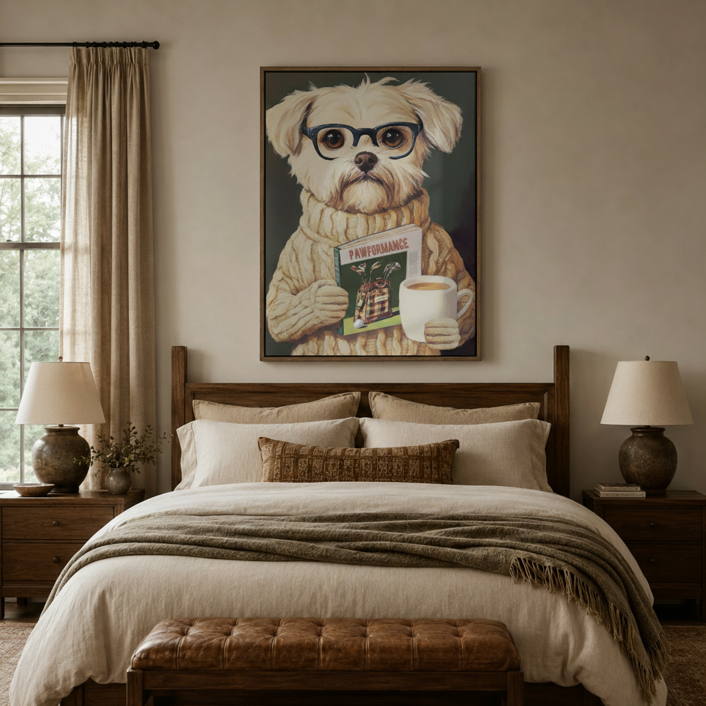 Fluffy dog in glasses and sweater canvas print in walnut frame above linen bed in cozy bedroom