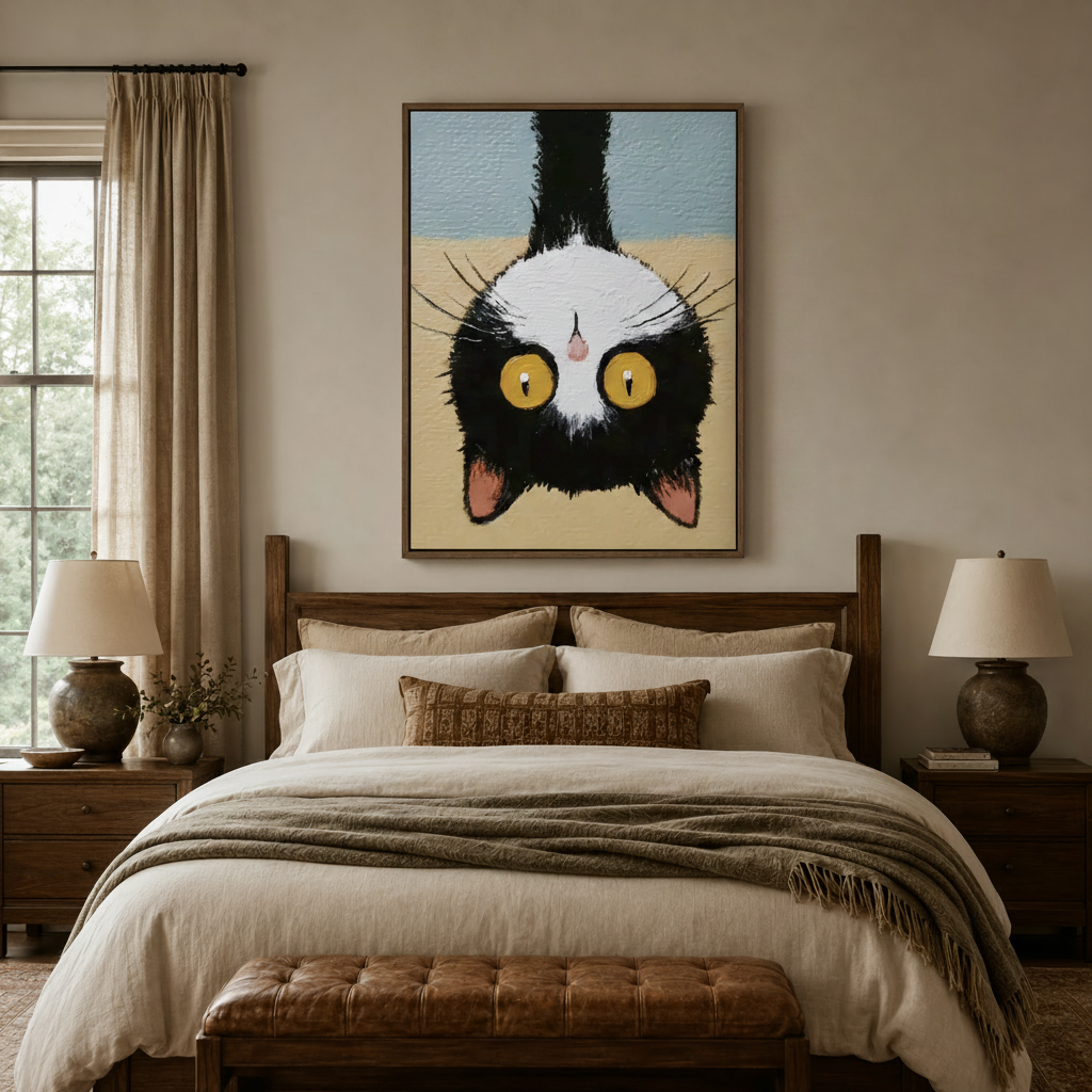 Bold tuxedo cat canvas wall art with golden eyes displayed above farmhouse bedroom headboard