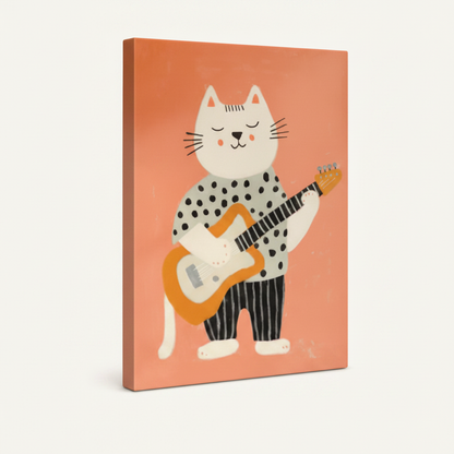 Gallery-wrapped guitar cat whimsical illustration canvas showing coral orange wrap edges, no frame, 3/4 angle