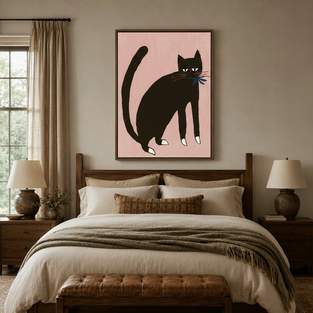 Black cat canvas print in dark walnut frame above wooden bed in cozy neutral bedroom