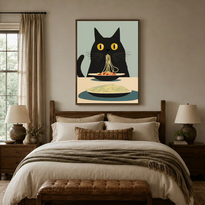 Black cat spaghetti flat illustration canvas print above bedroom headboard with warm lighting
