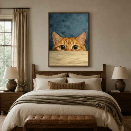 Curious peeking cat canvas print hanging above a cozy rustic bedroom headboard with warm lighting