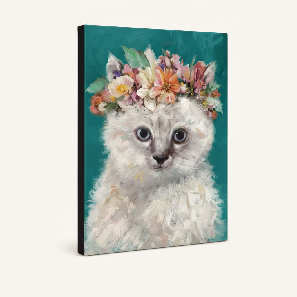 White kitten flower crown canvas print no frame shown at left-facing angle with dark espresso sides on cream background