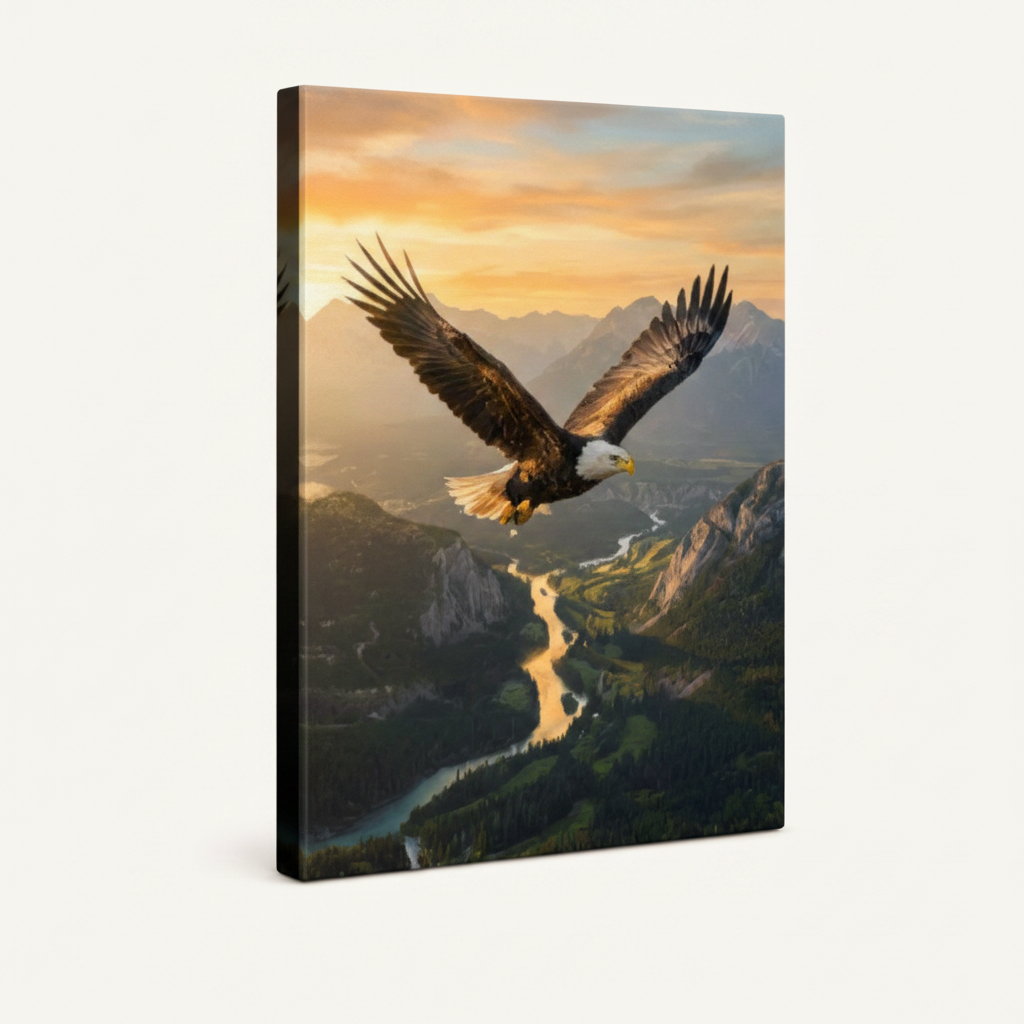 Gallery-wrapped bald eagle canvas print shown at 3/4 angle view with visible wrapped sides on cream background