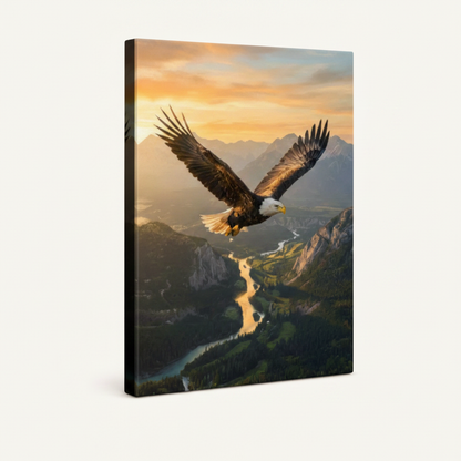Gallery-wrapped bald eagle canvas print shown at 3/4 angle view with visible wrapped sides on cream background