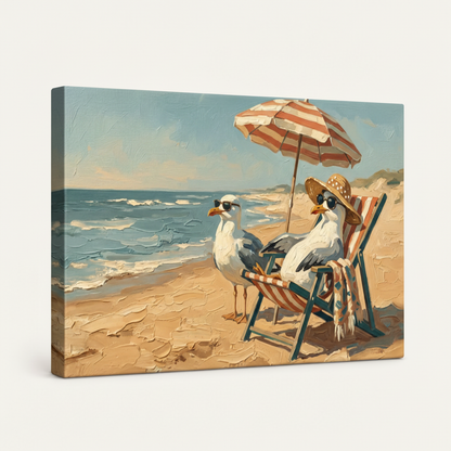 Gallery wrapped seagull beach vacation impasto canvas side view showing warm sandy blue ocean tones wrapping edges