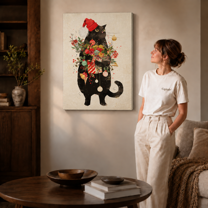 Christmas cat canvas art with festive greenery hangs beside a woman, sofa, and coffee table.
