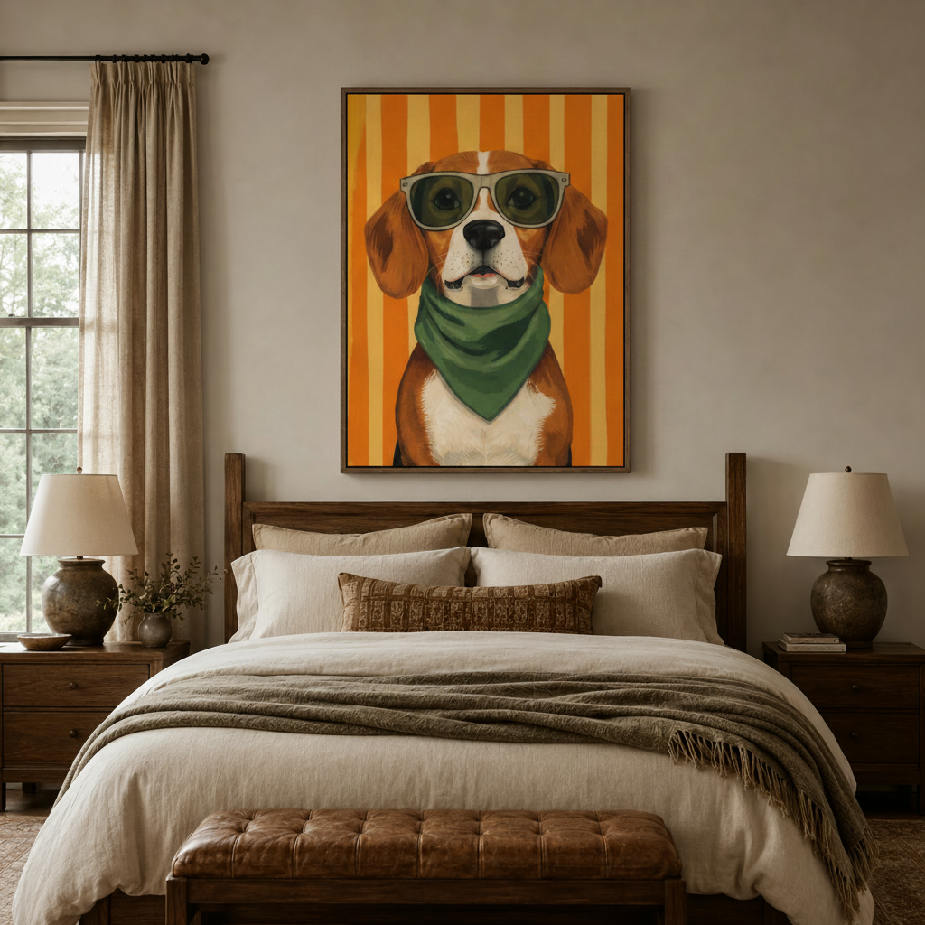 Bold Beagle portrait canvas in dark walnut frame above bed in cozy bedroom interior
