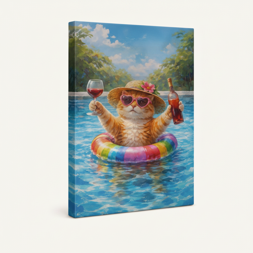 Gallery-wrapped funny cat pool party canvas with wrap edges, vivid colors on white background