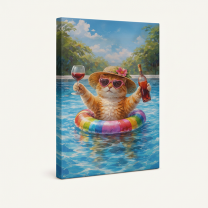 Gallery-wrapped funny cat pool party canvas with wrap edges, vivid colors on white background