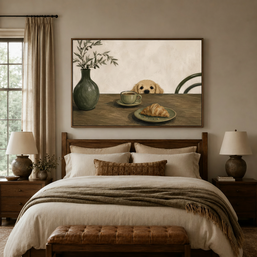 Charming dog morning café canvas art in dark walnut float frame above bed in cozy master bedroom