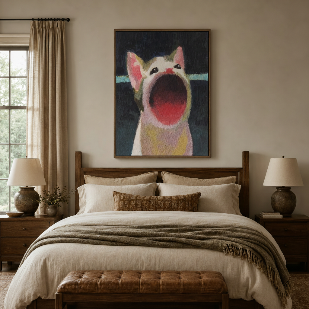 Bold cat expression canvas print in walnut floating frame above linen bed in cozy warm bedroom
