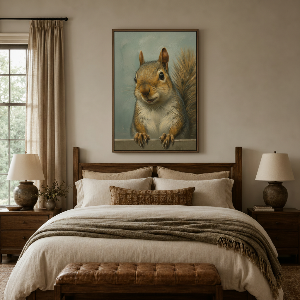 Squirrel portrait canvas art in walnut frame displayed above bed in warm neutral farmhouse bedroom