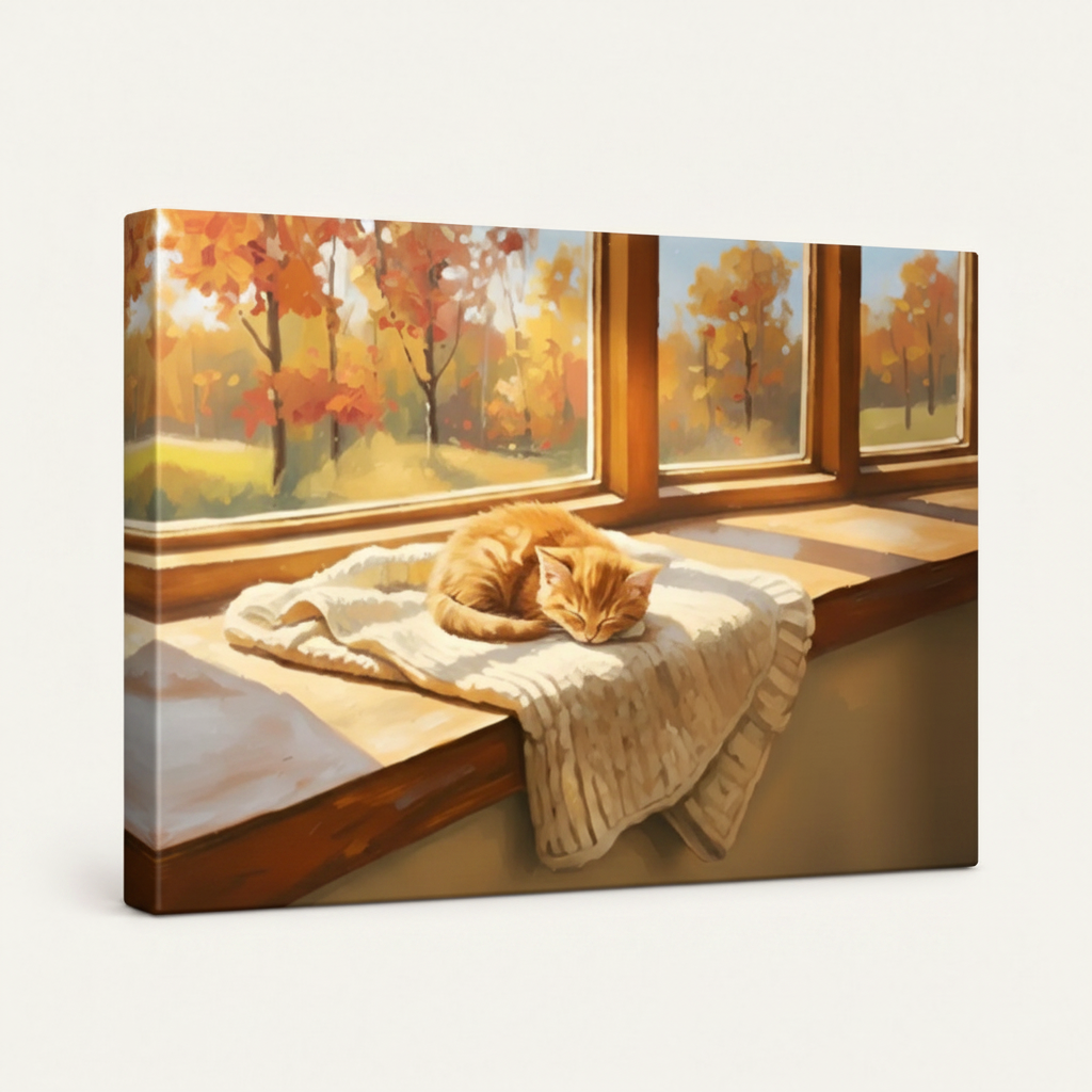 Gallery-wrapped autumn cat cozy windowsill canvas wall art with painted wrap edges at left-angle view