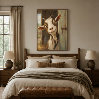 Charming goat peeking oil painting canvas in walnut float frame above dark wood bed in cozy bedroom