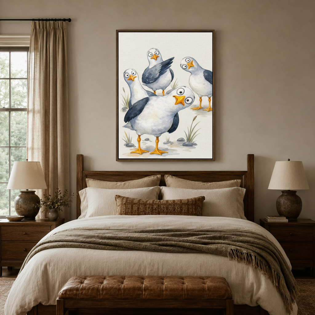 Whimsical seagull watercolor canvas art above rustic wood bed frame in cozy neutral bedroom with warm linen bedding