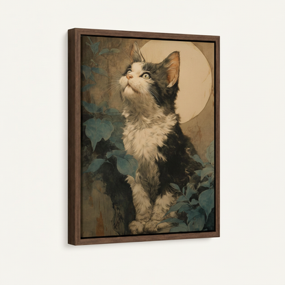  Framed black white kitten moon wall art in dark walnut float frame, angled product view