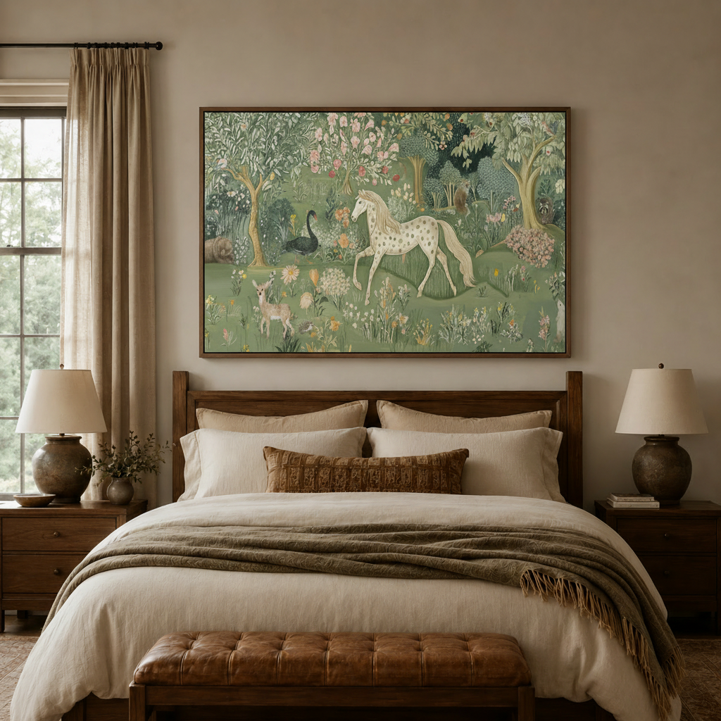 Whimsical English garden horse canvas wall art displayed above bed in cozy neutral bedroom interior