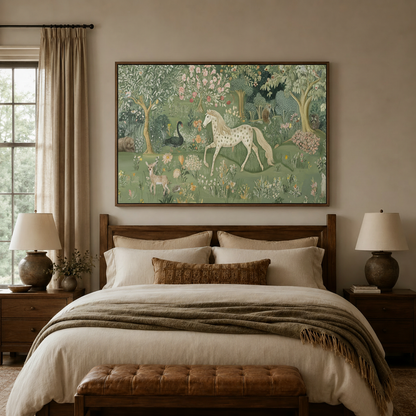 Whimsical English garden horse canvas wall art displayed above bed in cozy neutral bedroom interior