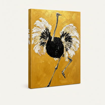 Gallery-wrapped ostrich canvas shown at three-quarter angle with thick side edges and golden yellow background