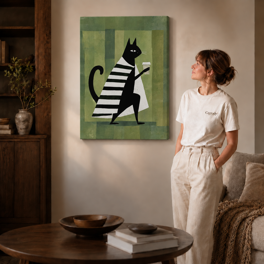 Gallery-wrapped black cat canvas print displayed in a cozy contemporary living room