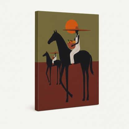 Gallery-wrapped canvas print of minimalist Afrocentric riders on horseback at sunset