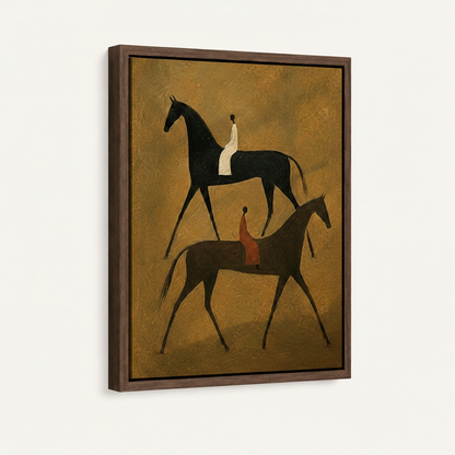 Framed canvas side angle showing two dark horses with riders on golden ochre textured background in walnut frame