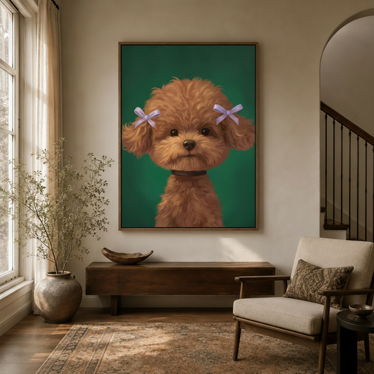 Whimsical teddy poodle bow portrait canvas wall art in walnut frame above console table in warm neutral entryway