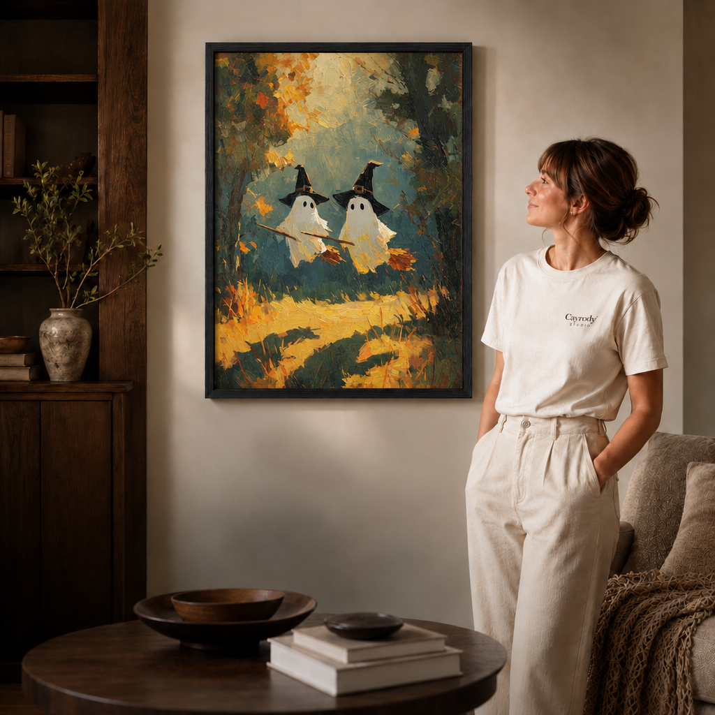 Painterly white ghost embracing a black cat in whimsical spooky-sweet canvas wall art.