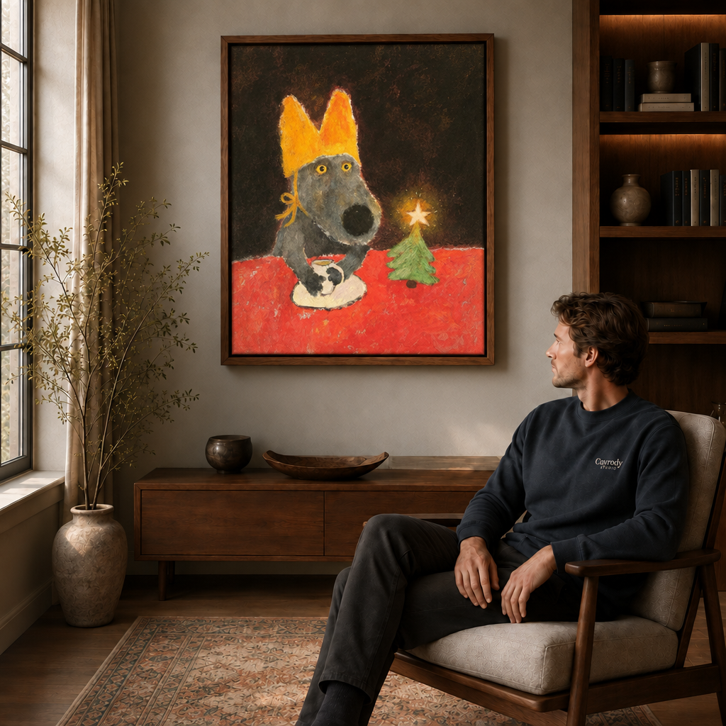 Christmas dog canvas in a walnut frame above a wooden cabinet