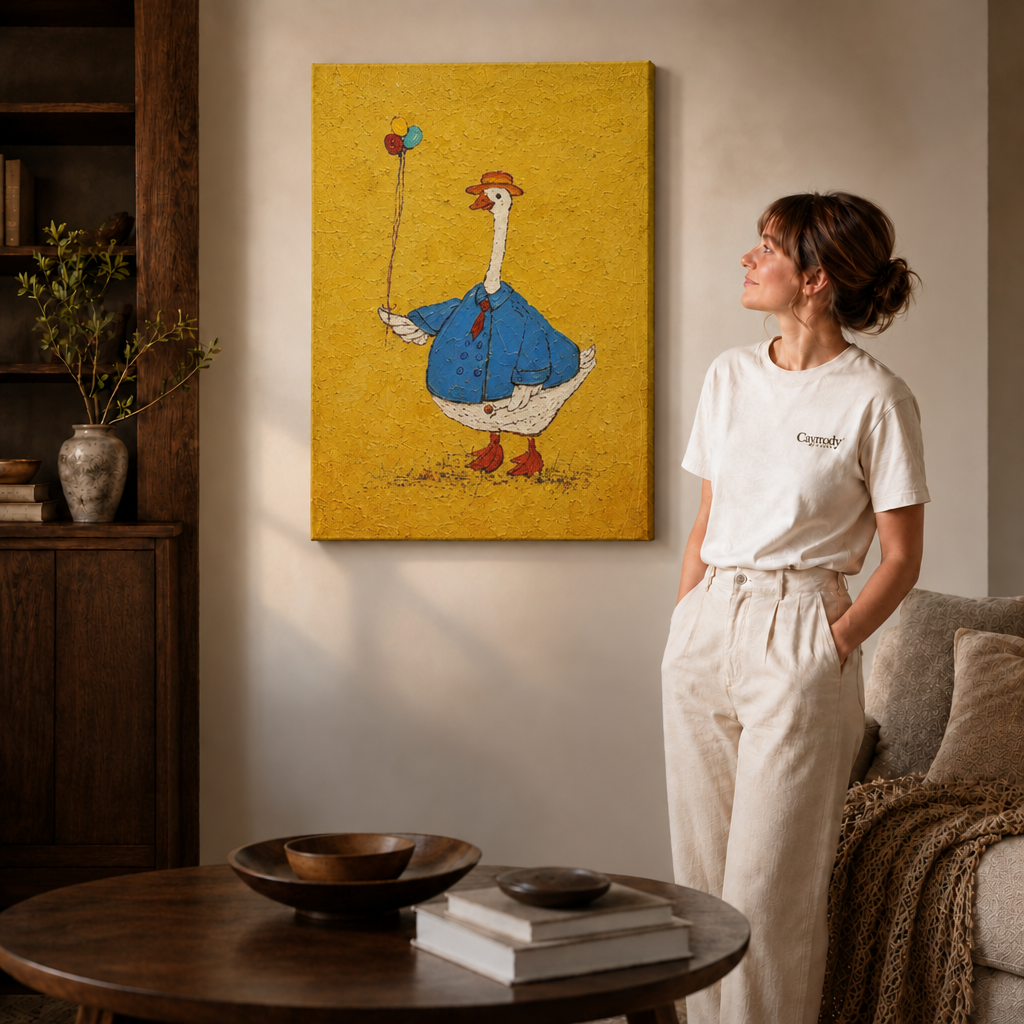 Gallery-wrapped goose artwork with a yellow background above a sofa and round coffee table.