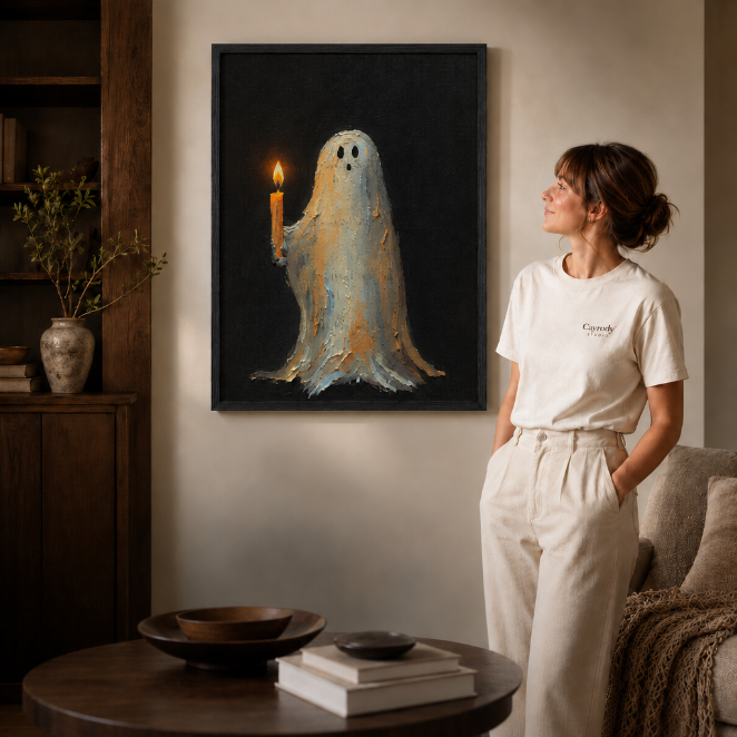 Ghost holding candle wall art displayed above a wood console in a moody room.
