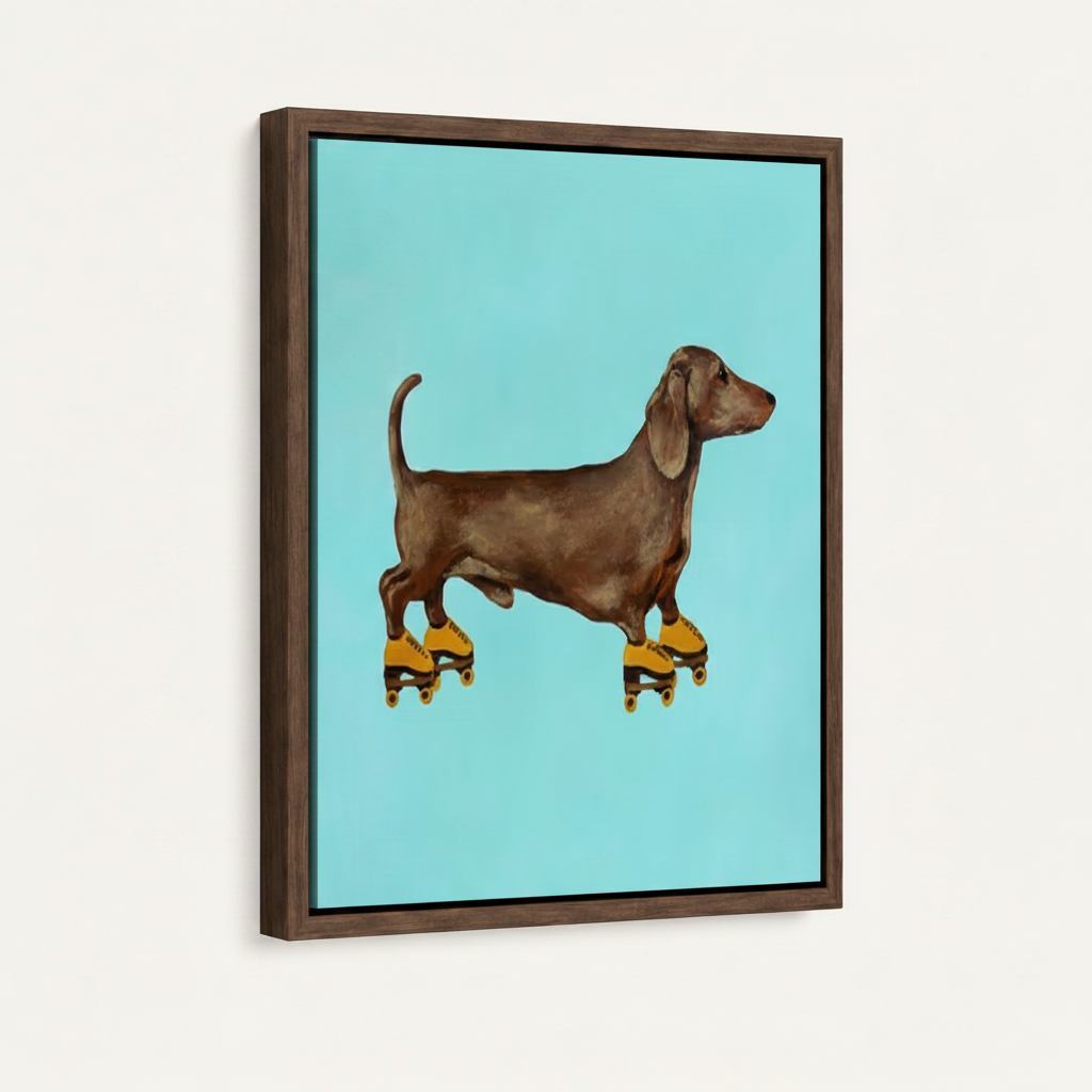 Walnut framed canvas side angle of chocolate dachshund wearing vintage gold roller skates on mint blue background