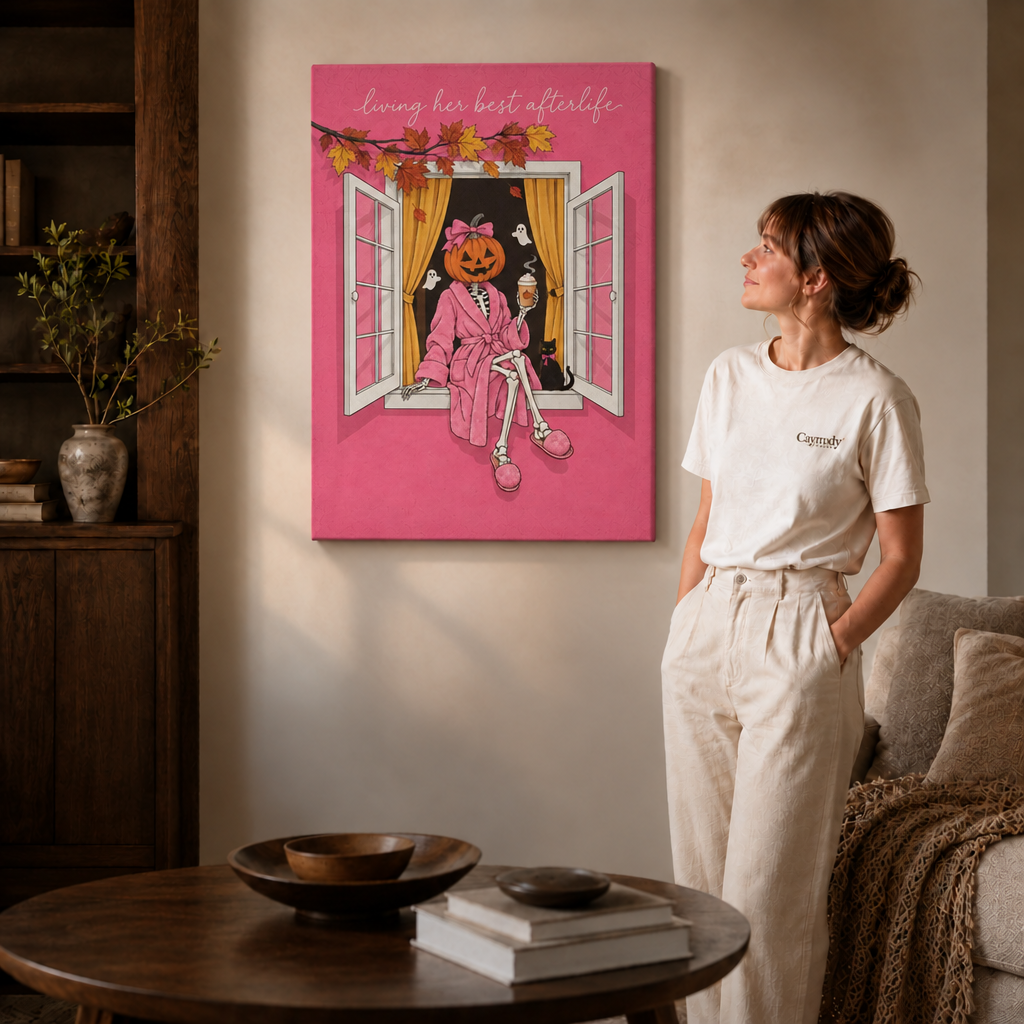 Gallery wrapped canvas of a pumpkin headed skeleton sipping coffee by an open window with yellow curtains.