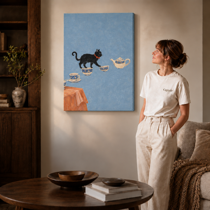 Framed black cat and teacups canvas wall art beside a woman in a warm cream-toned room