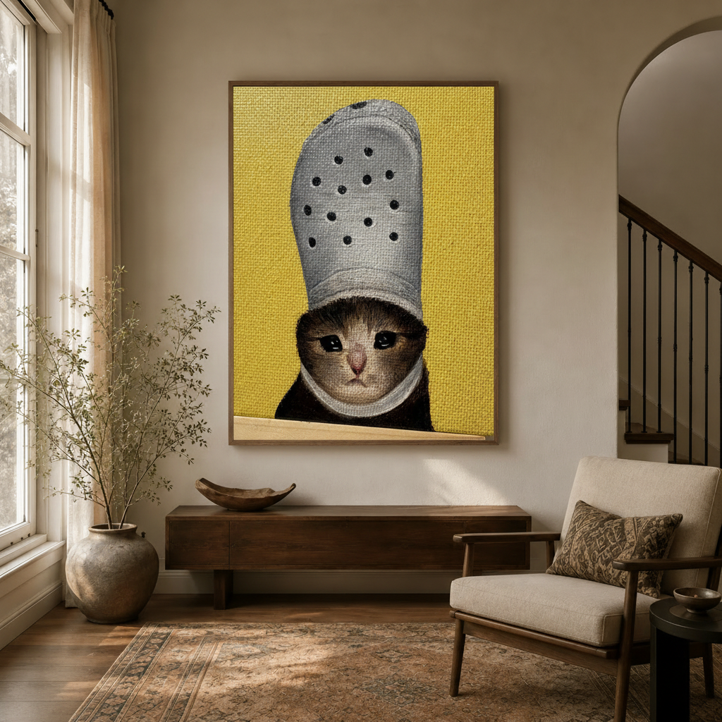 Funny cat Croc hat canvas art in walnut frame above console in warm neutral entryway with arched staircase and natural light