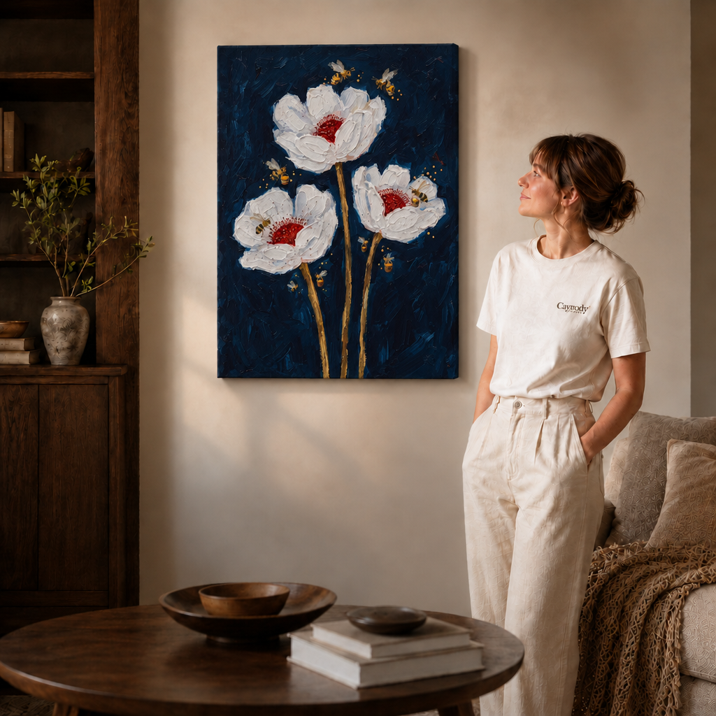 Floral canvas art centered on a trio of flowers.